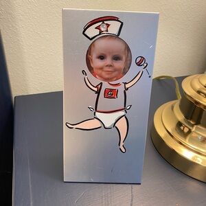 Funny Baby Photo Face Template Frame. Good pre owned condition.  Metal.